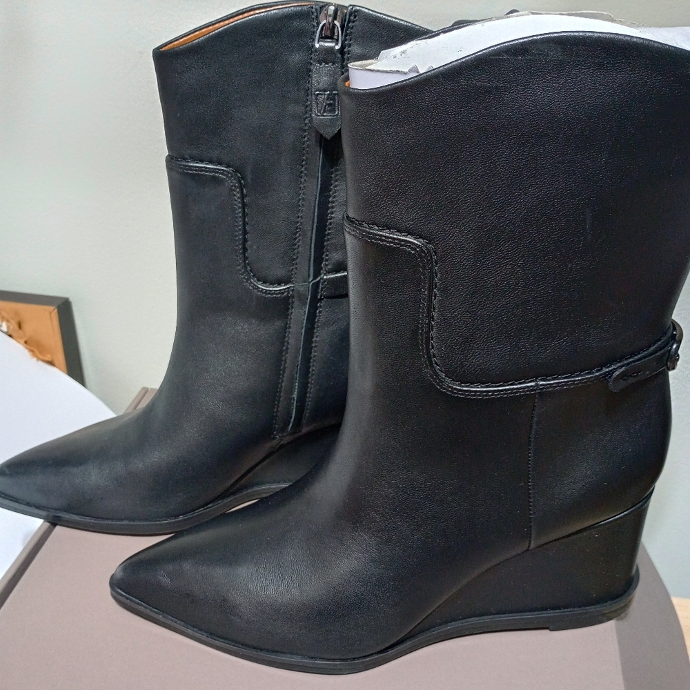 Franco Sarto Etta Black Leather Wedge Heel Ankle Booties